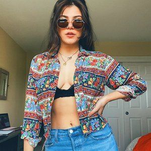 Vintage Crop Shirt, Floral Pattern, Long Sleeve